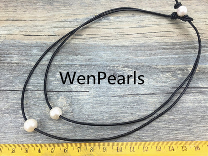 2 rows pearl necklace, Leather Necklace, 9-10mm round pearl, High Luster pearl, Pearl Leather Necklace, Black Leather Pearl necklace, Le1-047