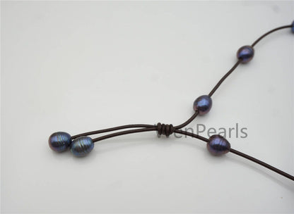 Deep Blue Rice Pearl Leather necklace, Freshwater pearl, Black Leather Pearl necklace, Select leather color, Le4-080