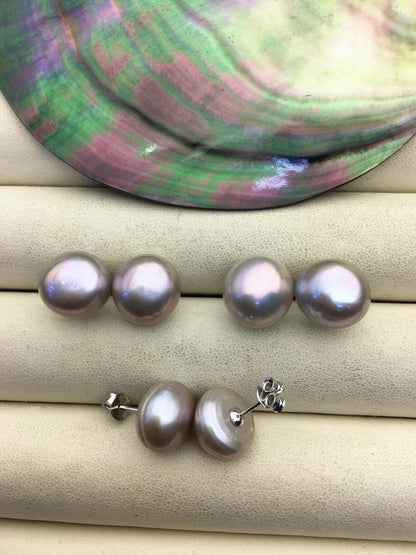 2 pairs AA+ 11.5-12mm big gray baroque round Pearl Stud Earrings, S925 sterling silver, freshwater pearl earrings, SE1-069-6