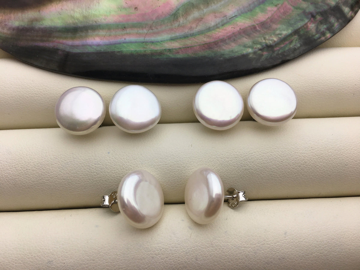 1 pair AAA 12-13mm White Coin Fresh Water pearl stud earrings,S925 Sterling Silver,dangle pearl earrings,SE3-061