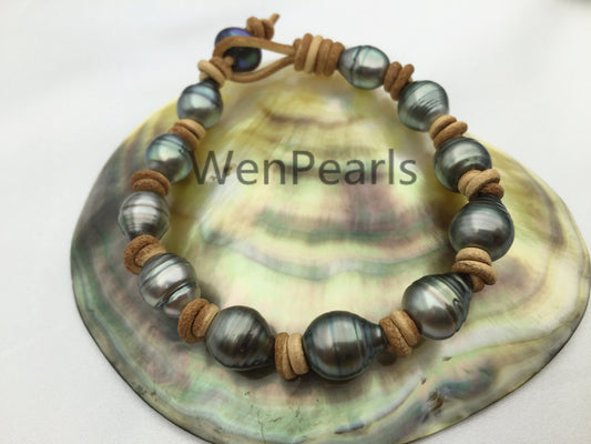 Real Green Tahitian pearl bracelet, High Luster pearl, Pearl Leather bracelet, Taitian pearl bracelet, Black Leather Pearl bracelet, Le10-002