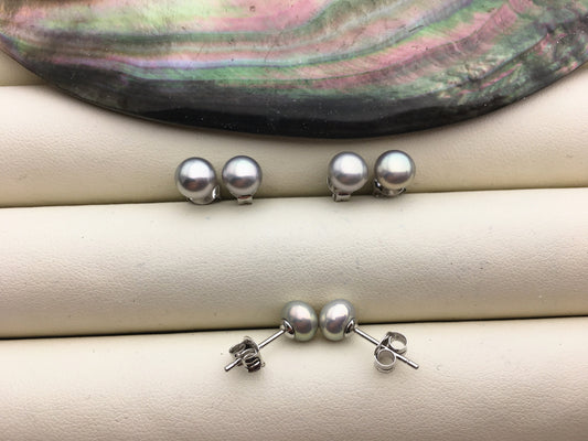 1 pair AAA 6-7mm tiny light gray pearl stud earrings,Sterling Silver,SE1-T15