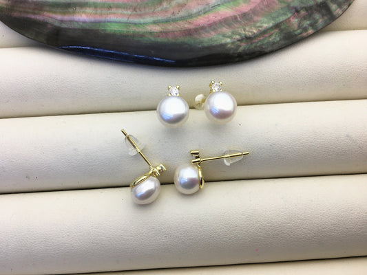 2 pairs AAA white 7.5-8mm button round pearl stud earring wedding,SE3-008-5