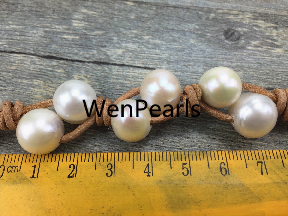9mm two rows pearl bracelet, Leather Pearls Bracelet, Handmade Cuff, White Pearls on Brown Leather, Black leather bracelet, Le7-050