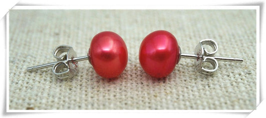 AAA 8mm Red Pearl Studs Earrings,Love,Silver Post Earrings,Large Pearl Earring,SE1-020