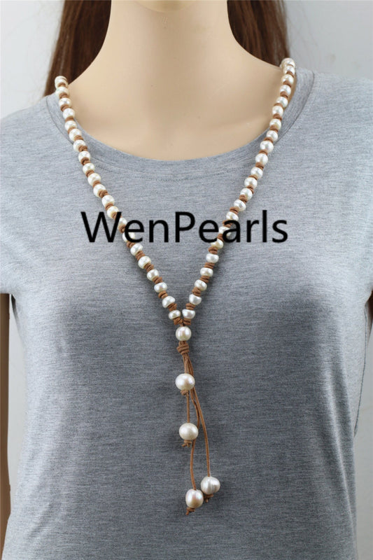 11mm Button Freshwater pearl and leather necklace, Baroque Freshwater Pearl Necklace, white pearl necklace, wholesale, Le3-014