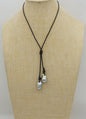 2 big Gray flameball pearl leather drop necklace,Pearl and Leather Lariat Necklace,Leather Pearl necklace,Le4-058