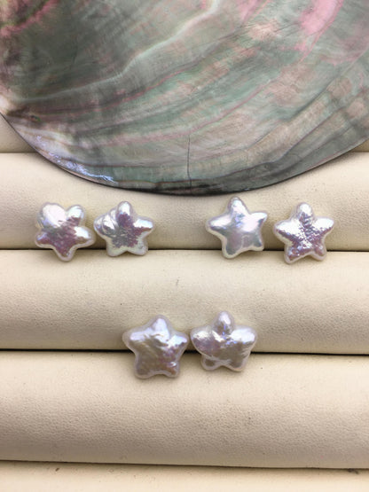 2 pairs AAA 11-13mm White Five pointed star Shape Freshwater Pearl White loose Beads Piar, no hole, wholesale, ZS-103-37-72