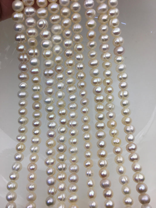 AA 5.7-6.5mm white Ring potato freshwater pearl, near round white pearl bead strand supply from China, wholesale in bulk, CR6-2A-2