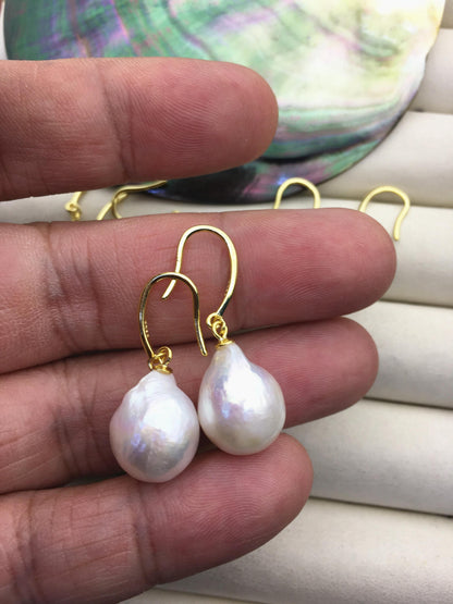 1 pair AAA 12-13mm white baroque drop edison pearl dangle earrings, 925 silver gold-plated earrings, wedding pearl earrings, SE3-T9-24
