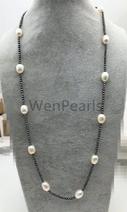 White Rice pearl Necklace - AAA rice pearl - Hematite pearl necklace - Select Length - TN1-002