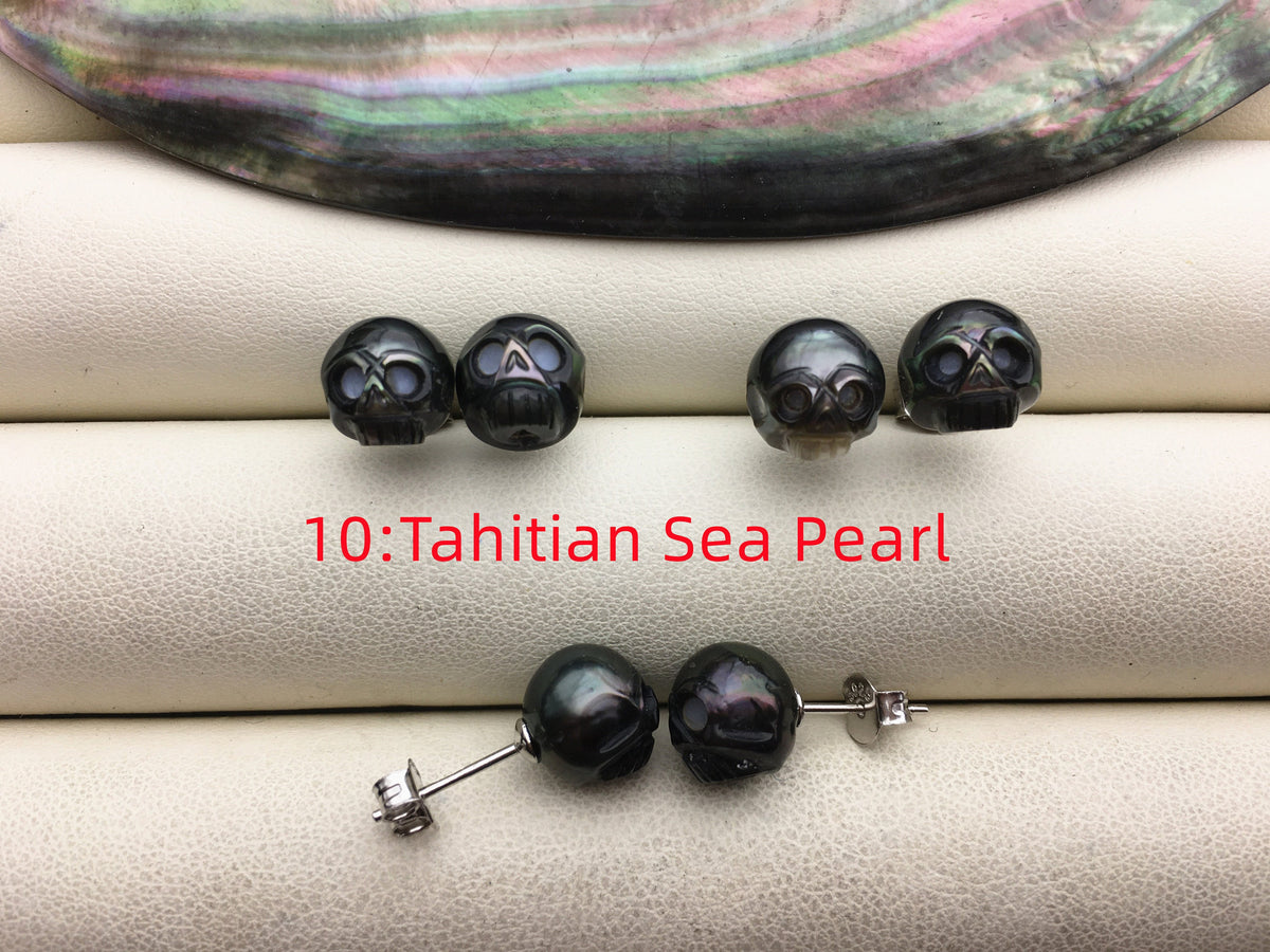 AAA 8mm/10mm white/pink/purple/black/gray HandMade Carved Skull Freshwater Pearl Stud Earrings, Stud Earrings for Women Girls, SE3-016
