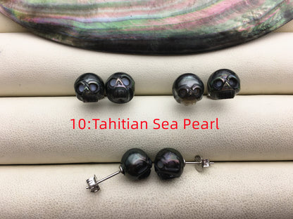 AAA 8mm/10mm white/pink/purple/black/gray HandMade Carved Skull Freshwater Pearl Stud Earrings, Stud Earrings for Women Girls, SE3-016