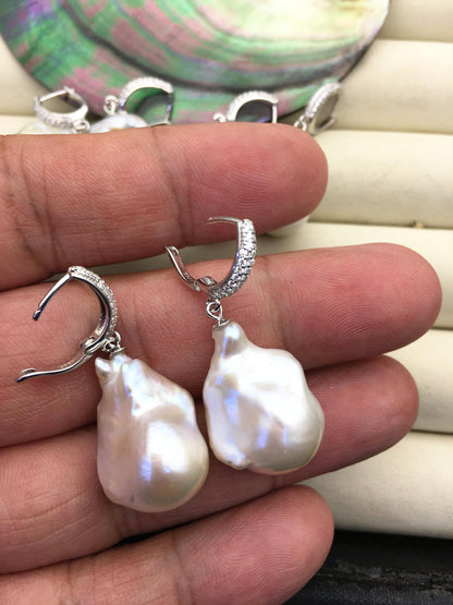 1 pair AAA 13-17mm white flame ball pearl diamond hook earrings, sterling silver, earring with white baroque Natural Pearl, SE3-031-19