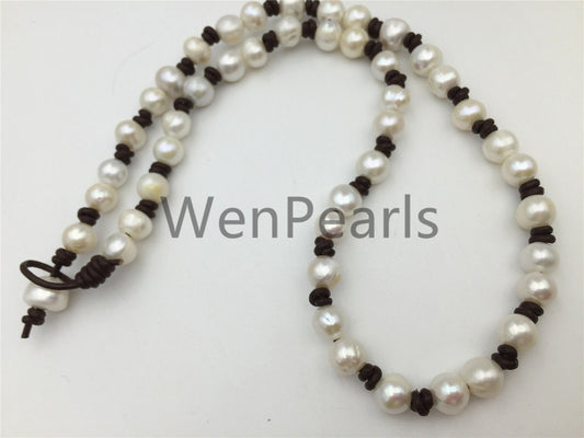 Freshwater Pearl and leather necklace, leather hand knotted necklace, Genuine Freshwater Pearl Necklace, white pearl necklace, wholesale, Le4-011
