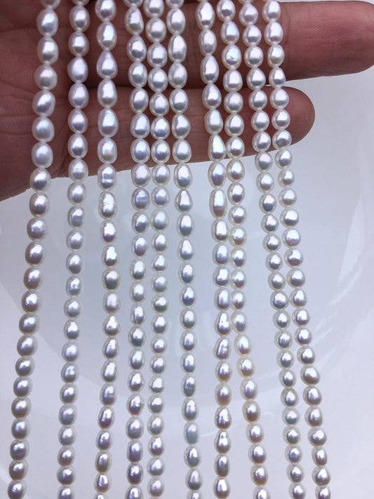 High Luster!AAA 4-4.5mm white baroque rice freshwater pearls, Cultured white rice freshwater pearls beads strand, LR4-T6