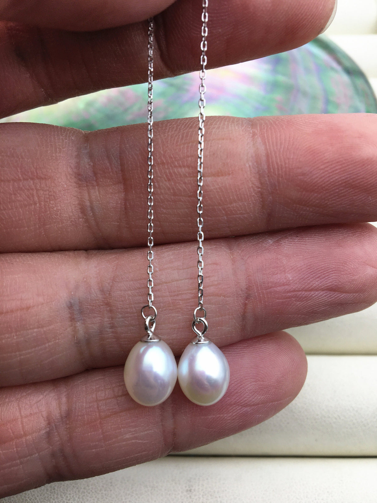 AAA White 8mm long rice pearl Tassels dangle earrings,S925 Sterling Silver pearl earrings,pearl for women,SE3-026