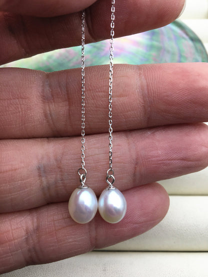 AAA White 8mm long rice pearl Tassels dangle earrings,S925 Sterling Silver pearl earrings,pearl for women,SE3-026