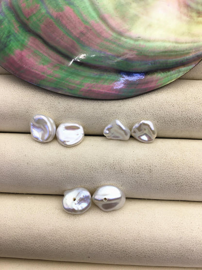 2 pairs AAA 8-9mm White keshi pearls Pair, for make stud earrings, baroque pearl, loose pearl beads, bottom half hole, ZS-127-34