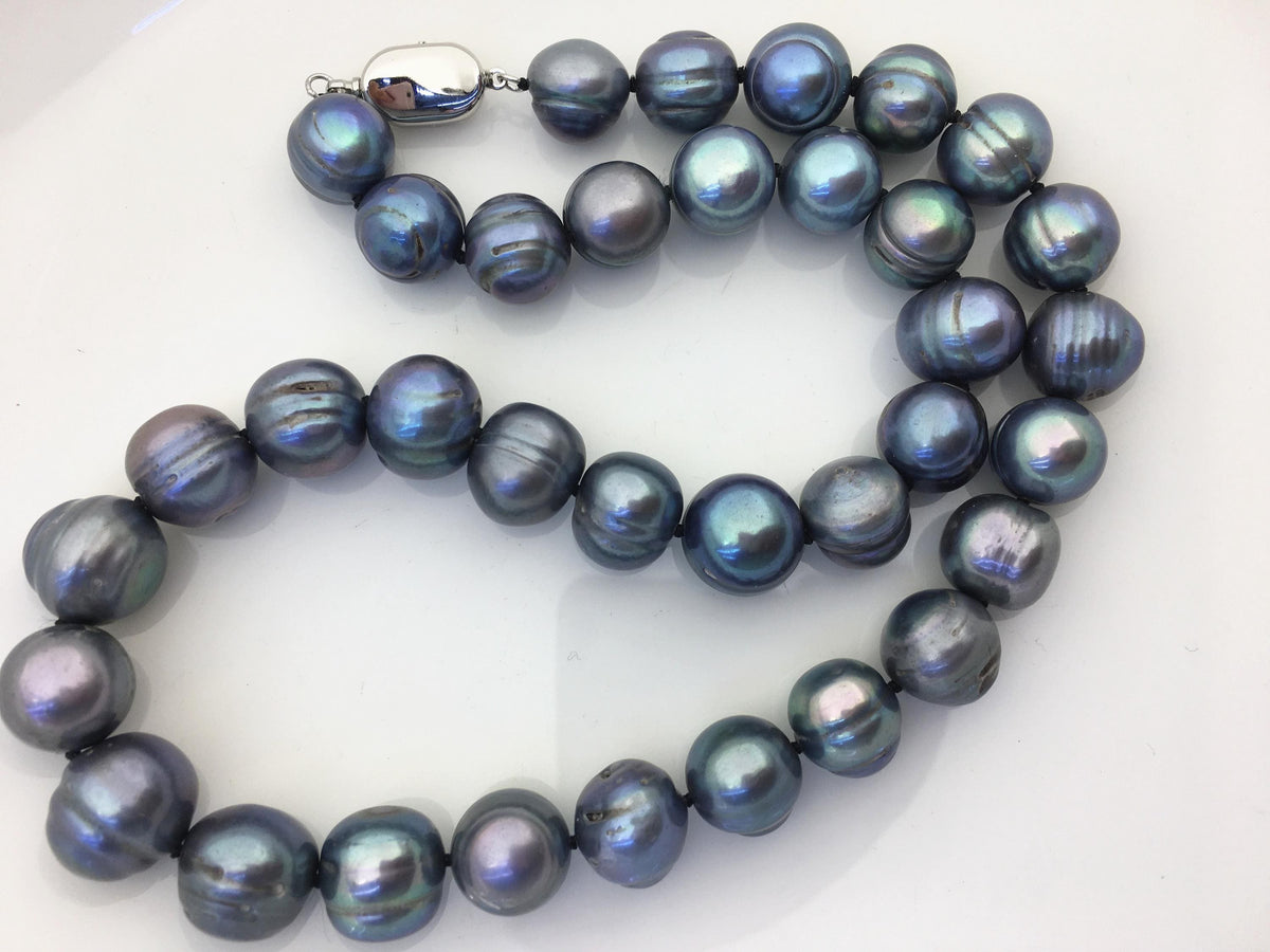 18 inches 11.5-12.5mm big AA Black Deep Blue potato freshwater Pearl necklace, genuine freshwater Pearl necklace, NPN1-122-3