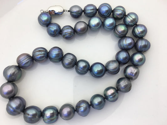 18 inches 11.5-12.5mm big AA Black Deep Blue potato freshwater Pearl necklace, genuine freshwater Pearl necklace, NPN1-122-3