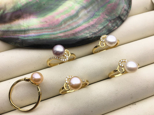 5pcs Gold Open white/pink/purple pearl ring, inexpensive engagement rings, fashion rings, fake diamond rings real pearls, R1-088-1