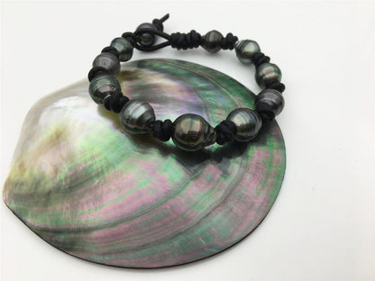 Real Green Tahitian pearl bracelet, High Luster pearl, Pearl Leather bracelet, Taitian pearl bracelet, Black Leather Pearl bracelet, Le10-005