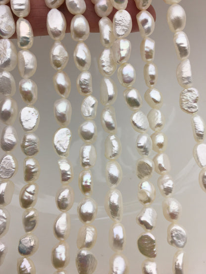 High Luster!AA+ 7.4-8.5mm white long nugget shape freshwater pearls, white cultured freshwater baroque pearl bead string, LM8-2A-4