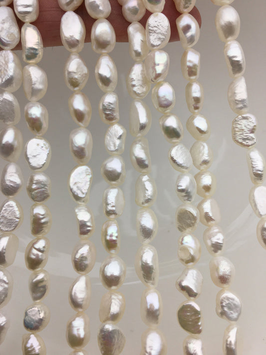 High Luster!AA+ 7.4-8.5mm white long nugget shape freshwater pearls, white cultured freshwater baroque pearl bead string, LM8-2A-4