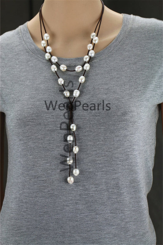 Two Rows Pearl and Leather Necklace, Floating pearl and leather Necklace, Multi-Strand Pearls necklace, Le3-071