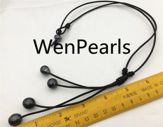 Tahitian pearl neklace, Pearl and Leather Lariat Necklace, Light brown Leather Pearl necklace, Sea pearl, Black pearl necklace, Le11-013