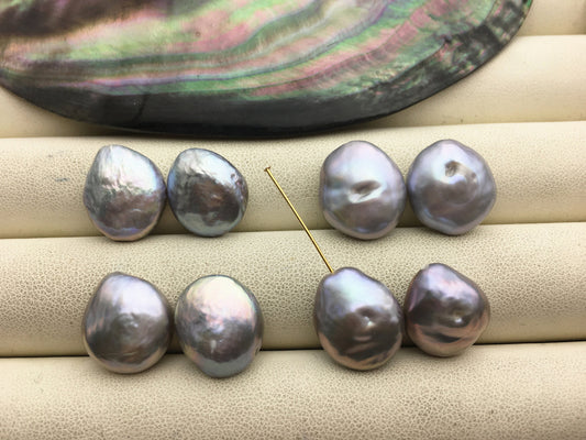 1 pair 13-15mm Thick Gray drop coin Freshwater Pearls Pair, high luster- Coin Pearl-petite Pearl- Pearl Jewelry, ZS-103-37-9