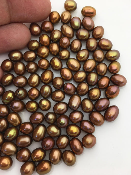 20pcs AAA 7-7.5mm brown rice freshwater pearls, 0.9mm top half hole, brown oval pearl, for make dangle pearl earrings, LR7-T5