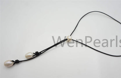 Two Drop Big White Pearl Leather necklace, White Freshwater pearl, Black Leather Pearl necklace, Select leather color, Le4-065