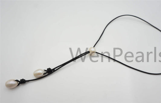 Two Drop Big White Pearl Leather necklace, White Freshwater pearl, Black Leather Pearl necklace, Select leather color, Le4-065
