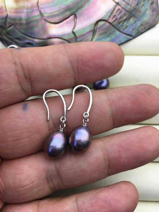1 pair AA+ 9.5-10mm purple rainbow rice pearl dangle earrings,SE3-T12