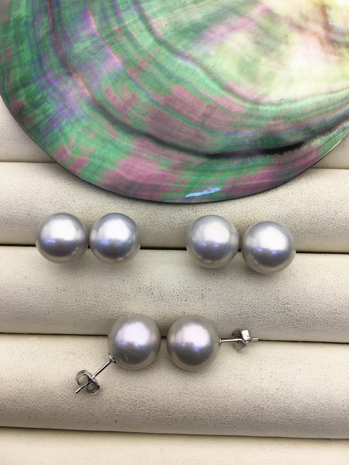 1 pair AAA 10-15mm gray rainbow round edison pearl stud earrings, S925 Sterling Silver stud earrings, wedding pearl earrings, SE3-T9-57