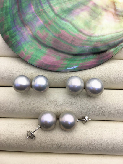 1 pair AAA 10-15mm gray rainbow round edison pearl stud earrings, S925 Sterling Silver stud earrings, wedding pearl earrings, SE3-T9-57