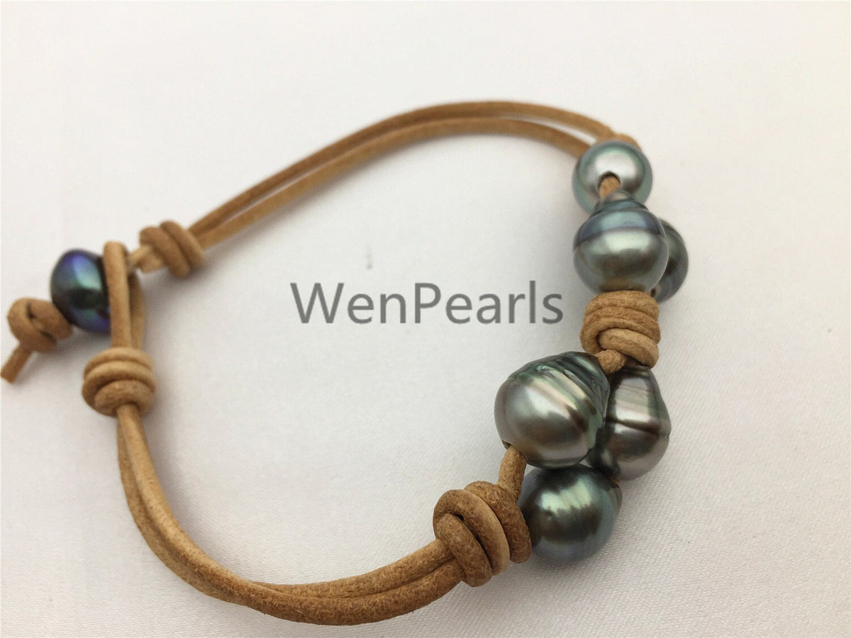 Fashion, Tahitian pearl bracelet, High Luster pearl, Pearl Leather bracelet, Black Leather bracelet, Le10-003