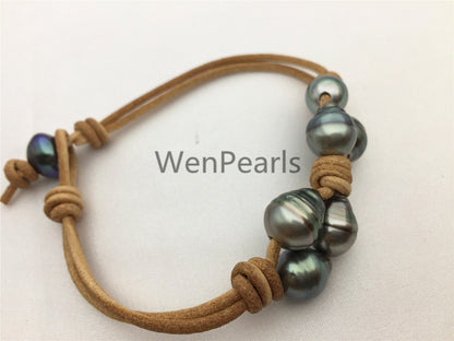 Fashion, Tahitian pearl bracelet, High Luster pearl, Pearl Leather bracelet, Black Leather bracelet, Le10-003