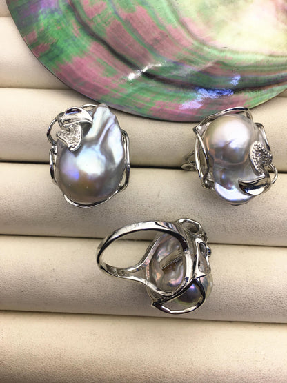 Gray Big Baroque Pearl rings,affordable engagement rings,pearl wedding rings,promise rings for her,R1-039