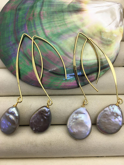 Big Hoop 12-14mm gray coin pearl dangle earrings,wedding pearl earrings,SE3-131-3