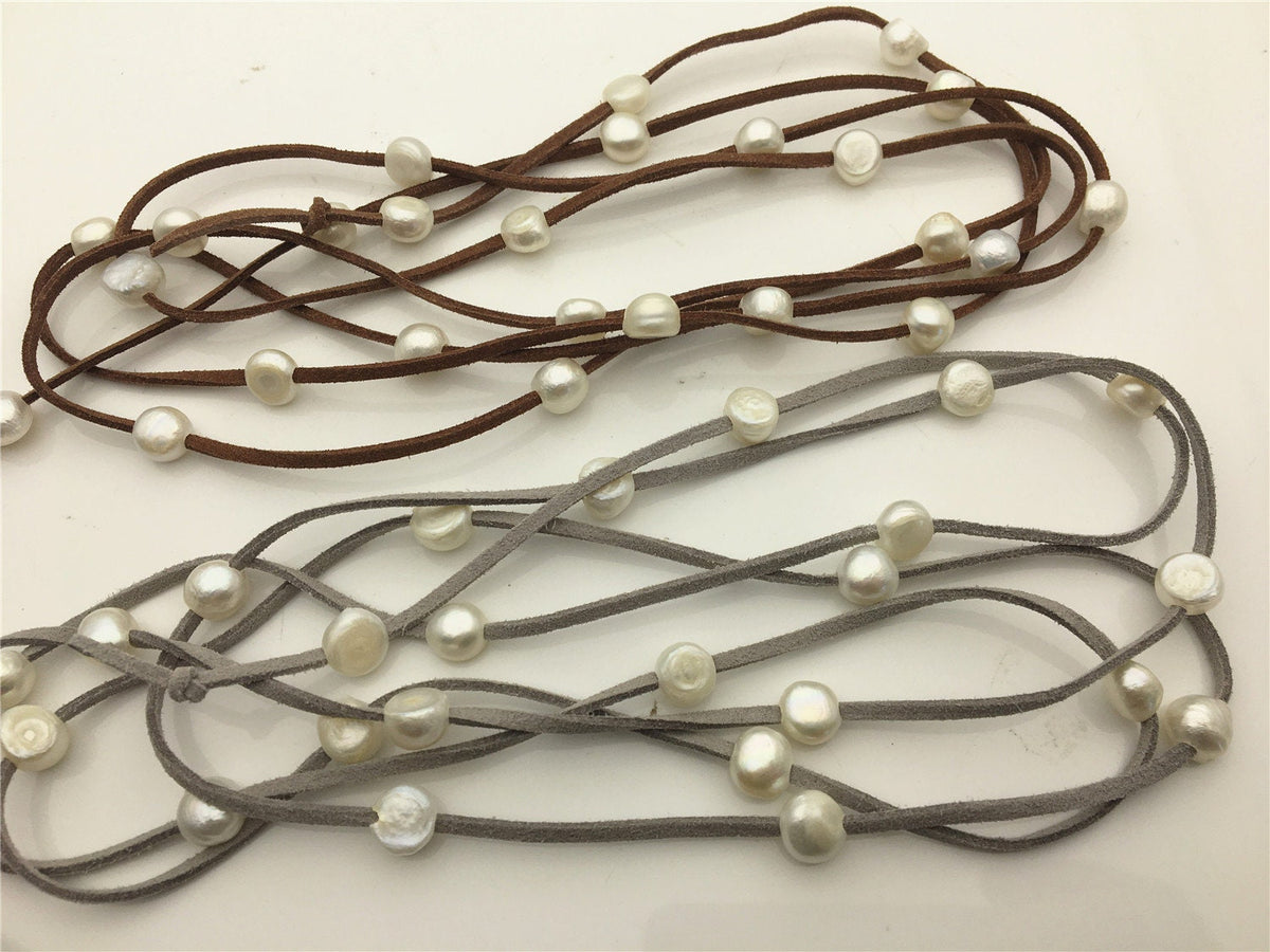 68 inches White Nugget Freshwater Pearl Wrap Bracelet Necklace Anklet on Black Brown Gray Suede Cord Multi Strands for Women, Le15-004