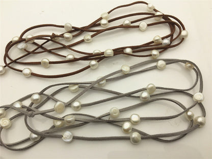 68 inches White Nugget Freshwater Pearl Wrap Bracelet Necklace Anklet on Black Brown Gray Suede Cord Multi Strands for Women, Le15-004