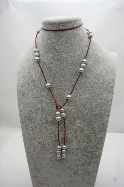 10mm Gray Freshwater Pearl and Leather Lariat Long Necklace,Tan Leather Pearl necklace, Leather pearl, Le5-006