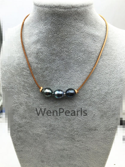 Three Tahitian Pearl Choker, Leather Necklace, High Luster, Pearl Leather Necklace, Black Leather Pearl necklace, Black pearl necklace, Le11-016