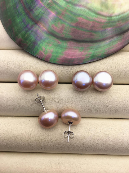 1 pair AAA 11-12mm purple button round Pearl Stud Earrings, freshwater pearl earrings, classic pearl studs, SE1-069-23