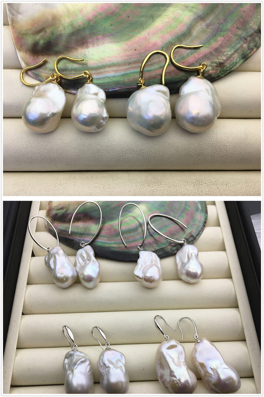 AAA/AA+ 14-18mmx22-28mm flame ball pearl dangle earrings, sterling silver, earring with white baroque Natural Pearl, SE3-069