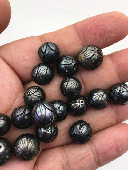 1 pc AA 10-15mm Near Round Carved Tahitian Pearl - Hand Carved - Tattoo Tahitian Pearls, through hole, carved pearls, CAC-FLW-9-4