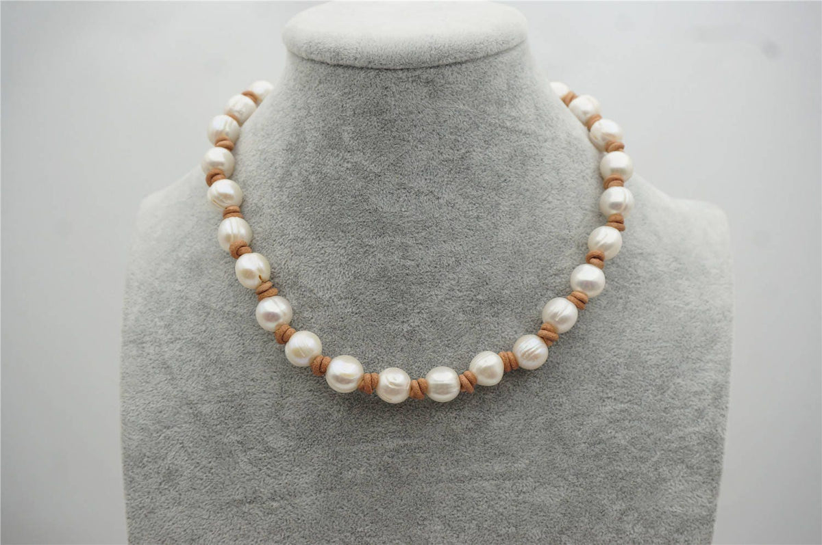 Big Potato Pearl and leather necklace,Genuine Freshwater Pearl Necklace,white pearl necklace,wholesale,Le5-008